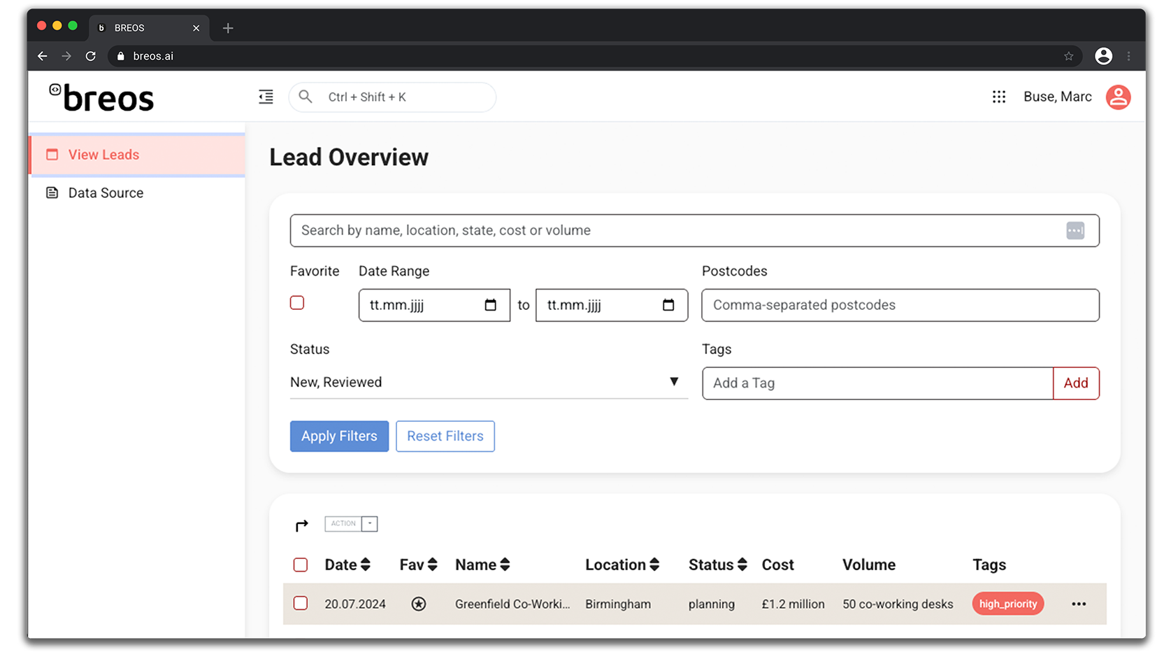 BREOS Core Lead gen BREOS Core KI Prozessautomatisierung Dashboard